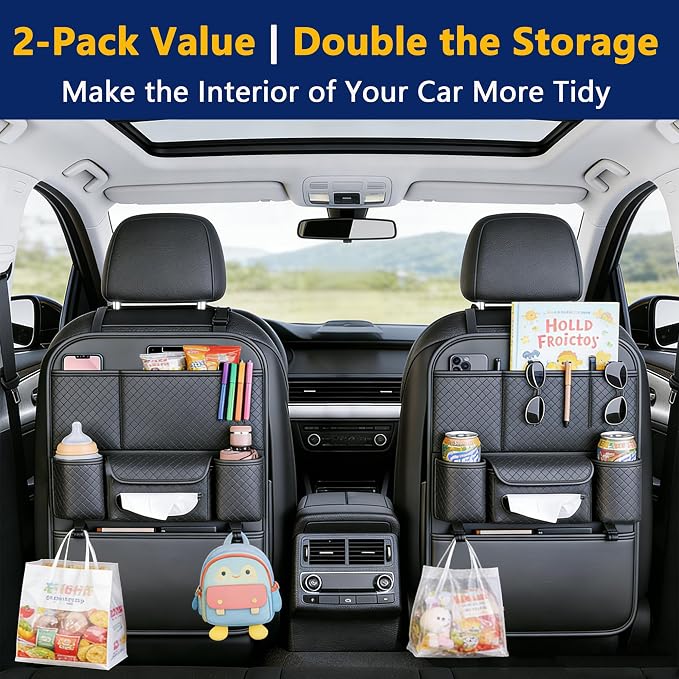 2-Pack Backseat Car Organizers with Hooks - Hanging Car Seat Back Organizers for Toys, Tablets, Books & Tissues - Hanging Car Back of Seat Storage Bags for Kids Toddlers, Black Leather Car Kick Mats