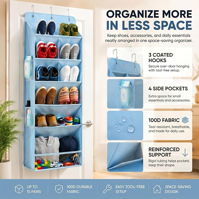 6 Tier Hanging Shoe Organizer – 100D Extra Thick Deep Pockets, Shoe Rack for Closet, Shoe Rack for Entryway, Shoe Organizer for Closet, Over the Door Shoe Organizer with 4 Side Pockets (Blue)
