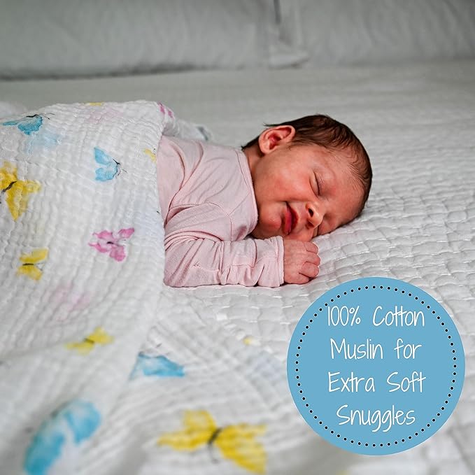 LollyBanks Baby Blankets, 100% Muslin Cotton Swaddle Blanket for Girls, Soft and Large 47 x 47 Inches Newborn Swaddle, Breathable Baby Receiving Blankets, Registry (Butterfly Print)
