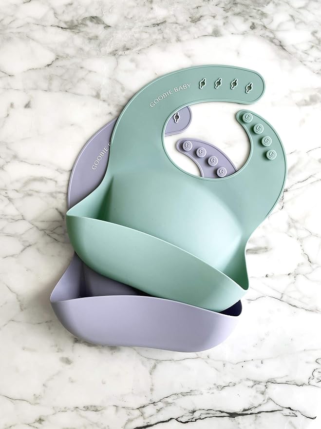 Goobie Baby Silicone Baby Bib with Food Catcher - Adjustable Waterproof Feeding Bib for Babies & Toddlers 4 to 36 Months for Girl and Boy - Modern, Soft, Easy to Clean (2 Pack – Sea Glass/Lilac)