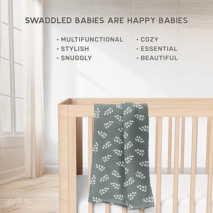 Mini Wander Swaddles for Newborns Muslin Swaddle Blankets - Breathable Soft Gender Neutral Receiving Blanket Baby Essentials | 47 x 47 Cotton - (Leaves Storm Blue)