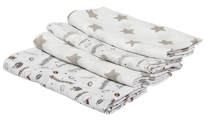 Bacati - 4 Pack Sports Baby Swaddle Blankets Boys Swaddle Wrap Soft Breathable Cotton Muslin Swaddle Blankets Receiving Blanket for Boys, Large 45 x 45 inches (Football Brown/Grey)
