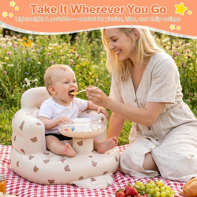 BEBOAN Inflatable Baby Seat with Bell & Clear Tray for 3-36 Months, Portable Upseat Baby Chair with Safety Strap for Sitting Up, Foldable Blow Up Infant Seat, Built-in Air Pump, Beige Bear