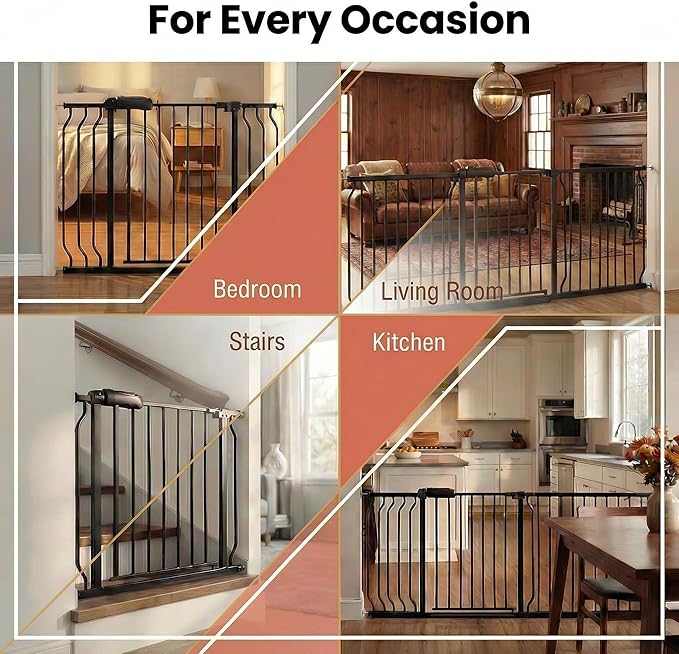 Heavy Duty Baby & Pet Safety Gate - Extra Wide 76.4-81.1 Inch, Black Metal, Pressure Mounted, Walk-Through