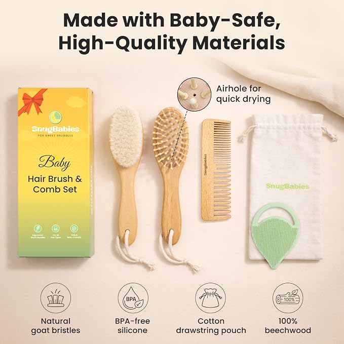 Baby Hair Brush & Comb Set for Newborns - Gentle Goat-Hair & Bamboo Bristle Hairbrushes with Easy Grip Wooden Handles - 7-Pack Baby Brush Set with a Cotton Travel Pouch - Gifts for Boys & Girls