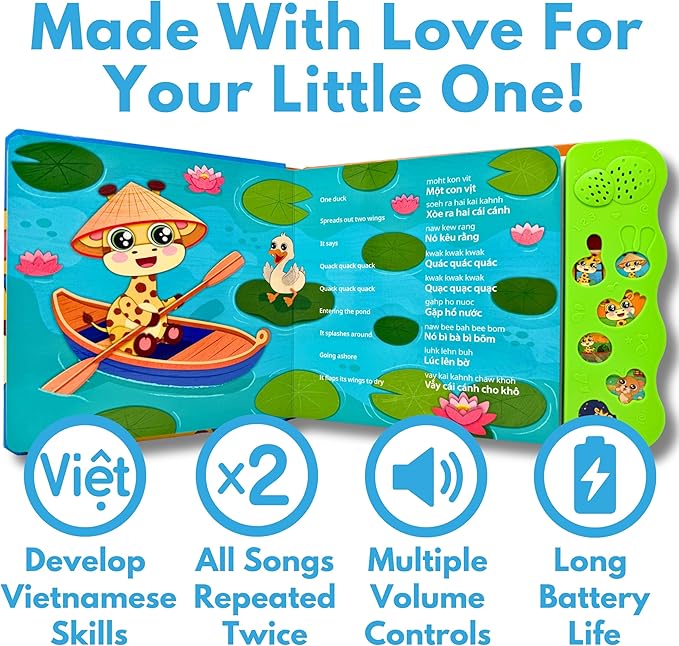 Vol. 1 ??Interactive Sound Board Book for Toddlers 1-3, Bilingual English & Vietnamese Songs & Music, Talking Musical Learning Toy and Gift for Babies & Kids