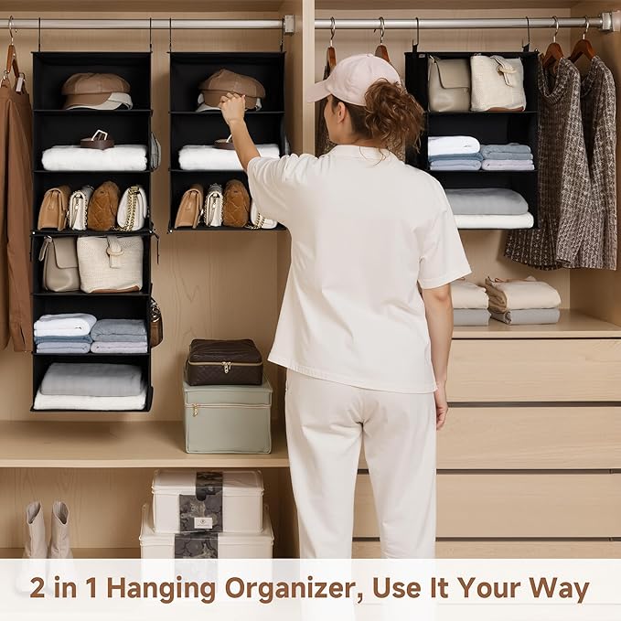StorageWorks Hanging Closet Organizer 6-Shelf, Jumbo Separable Two 3 Shelf Closet Storage Organizer with Side Pockets, Portable Hanging Shelves for Wardrobe, RVs, 13" D x 15" W x 48 ¼"H, Black