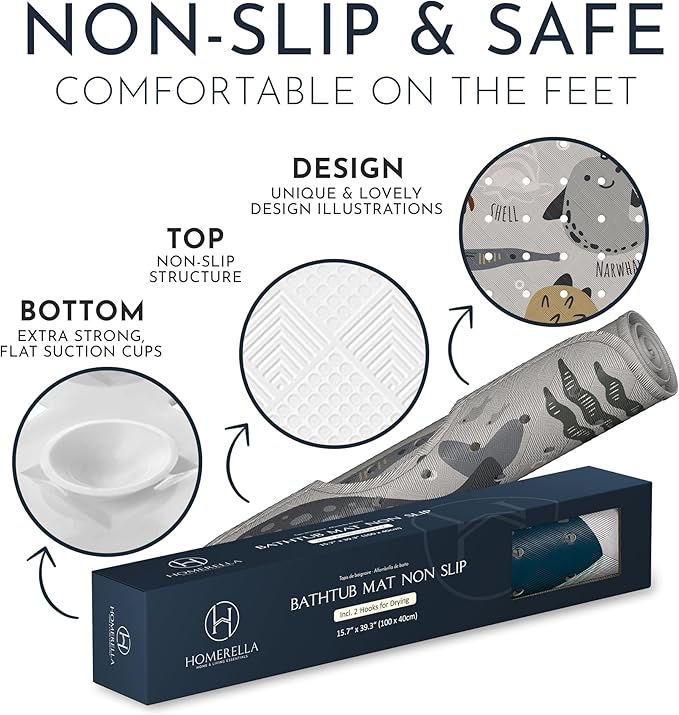 Bath Tub Mat Non Slip Anti Mold for Kids BPA Free INCL Hooks - homerella® Ocean Sea Animals 40x16, Baby Bath Mat Non Slip 200 Suction Cups, Non Toxic Machine Washable Toddler Bath Mat, EU Certified