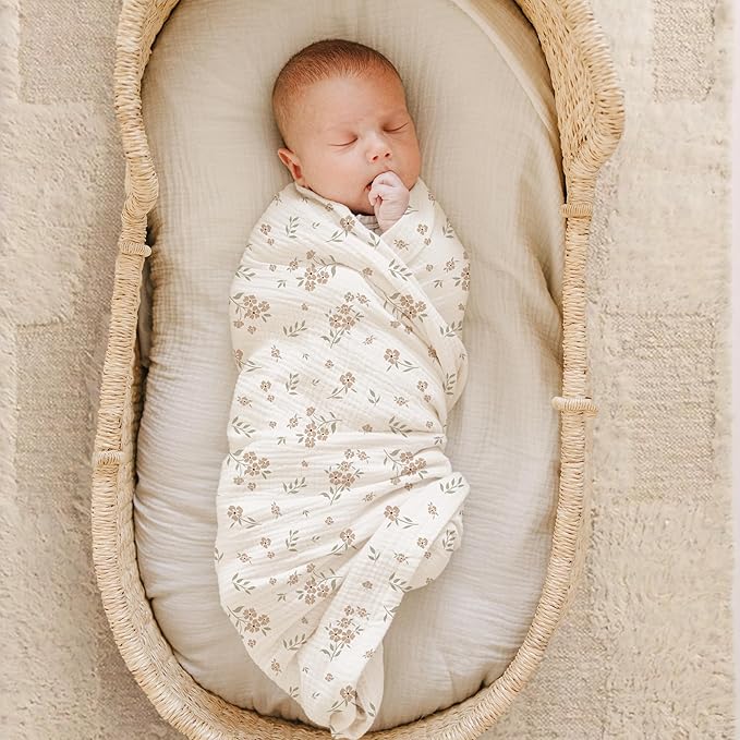 Konssy Muslin Swaddle Blankets for Girls Boys 2 Pack, 100% Cotton Receiving Baby Blanket Large 47 x 47 inches, Soft Breathable Swaddling Wrap for Unisex Newborn (Blossom,Cream)