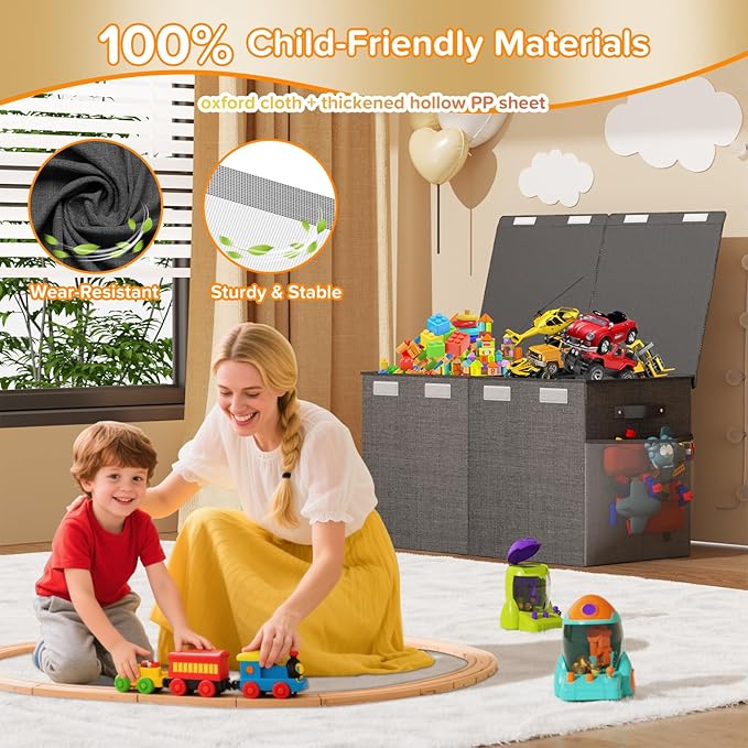 Large Toy Box Chest, Collapsible Sturdy Toy Storage Organizer Boxes Bins Baskets Dinosaur Kids Toy Chest Bin with Lids for Boys Girls Living Room Playroom Bedroom Nursery 25"x14"x16" Gray