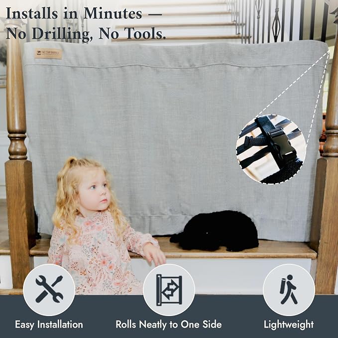 The Stair Barrier First Fabric Banister to Banister Baby Gates for Stairs 36”–42” Wide x 32” Tall– No Drill Baby Gate for Top or Bottom Staircase, Machine-Washable Climb Proof, Designed in USA, Grey