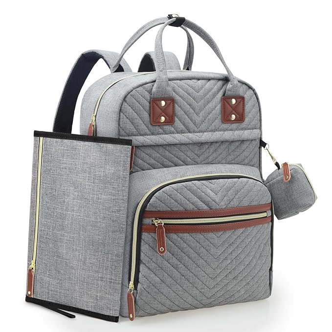 Tuwubi Diaper Bag Backpack with Changing Pad,Baby Essentials, Multi function Waterproof Backpack with Stroller Straps & Pacifier Case Light Grey