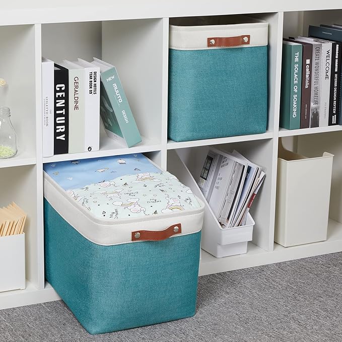 HNZIGE Extra Large Fabric Storage Bin Baskets for Organizing Shelves [2 Pack] Storage Baskets for Closet 16" X 11.8" X 11.8" Rectangular Storage Basket Bin for Organization Living Room(Teal&White)
