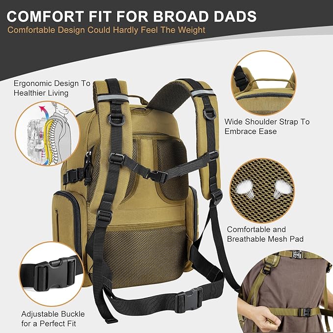 MIRACOL Military Diaper Bag for Dad - Tactical Style Baby Backpack with MOLLE & Changing Pad - 14 Compartments Rugged Design for Outdoor Travel Camping Tan