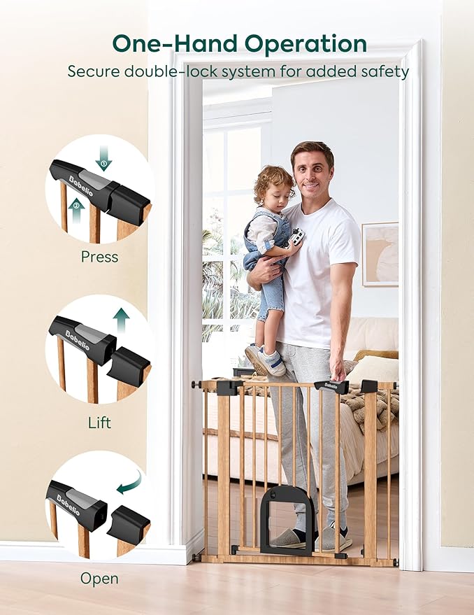 Babelio CatPrivilege ??Baby Gate with Cat Door, 29"-43" Adjustable Brown Wood Pattern Pet Door, 30" Tall Pressure Mounted Safety Gate for Stairs & Doorways, Auto Close,Wall Protectors Included
