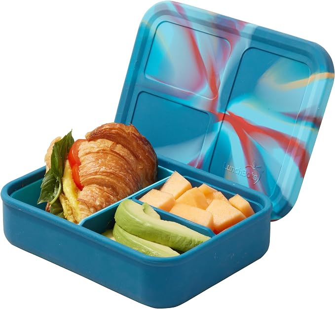 LunchBots Build -a- Bento Lunch Box, Silicone Bento Box for Kids, Multi-Compartment Lunch Container, Oven & Dishwasher Safe, BPA Free, 32 oz - Tie Dye Dark Blue