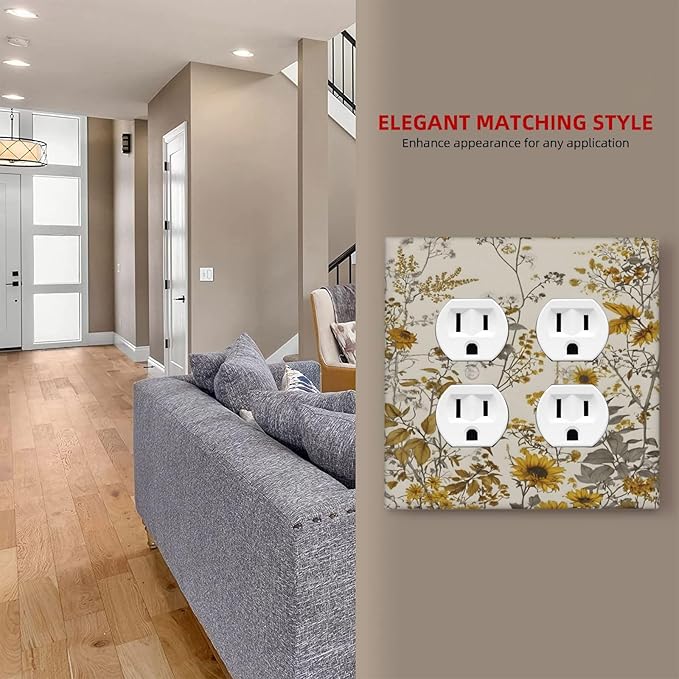 Boho Wildflowers Daisies Sunflowers Plant Floral Outlet Covers 2 Gang Double Duplex Decorative Light Switch Covers Electrical Wallplates Socket Faceplate for Bedroom Living Room Decor