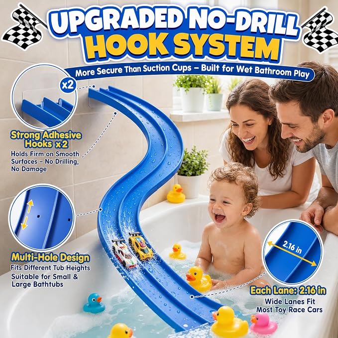 Race Car Bath Toys Set, Flexible Bathub Race Track Toys with 2 Cars for Kids, Hook Mount Fits All Bathtubs and Bag, Pool Water Toys Cars Bath Toys Gifts for Boys Girls