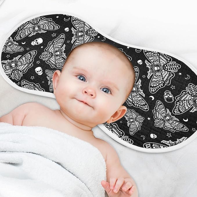 Muslin Baby Burp Cloths, Gothic Gothic Skull Moth Muslin Washcloths Baby Bibs Rags Comfy Soft Absorbent in for Newborn Boys and Girls 4 Piece 22 x 11 Inch