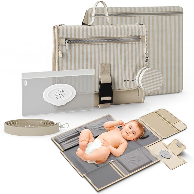 Portable Diaper Changing Pad - Large, Waterproof Travel Changing Pad for Baby with Extra Storage, Wipes Pocket & Pacifier Case - Portable Diaper Changing Station - Beige Striped