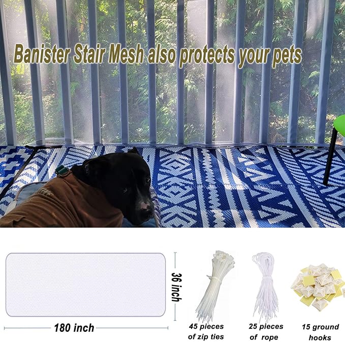 Banister Guard for Baby, Balcony Netting for Pets, 15ft x 3ft, Baby Safety Stairs Rail Net Provides Your Baby with a Environment, Baby Stair Net Fit for Child, Small Pet, Toy - White
