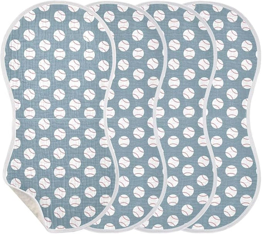 Baby Muslin Burp Cloths Set of 4 Baseball Blue Muslin Washcloths American Sport Championship Patch Sports Milk Spit Up Rags Soft Newborn Towel for Unisex Boys and Girls, 22 x 11 Inch
