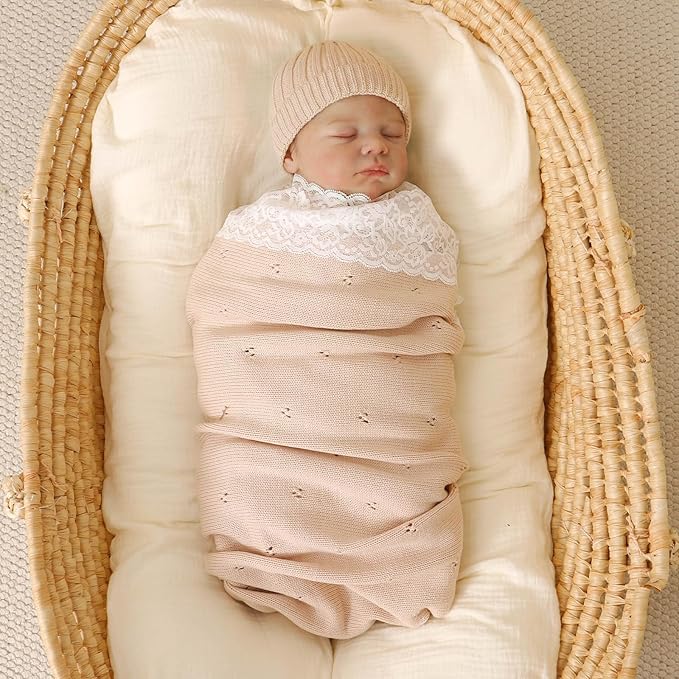 Hadetoto Cotton Lace Knit Baby Blankets, Super Soft Lightweight Crib Blanket for Infant Boys Girls, Nursery Bedding (Khaki)