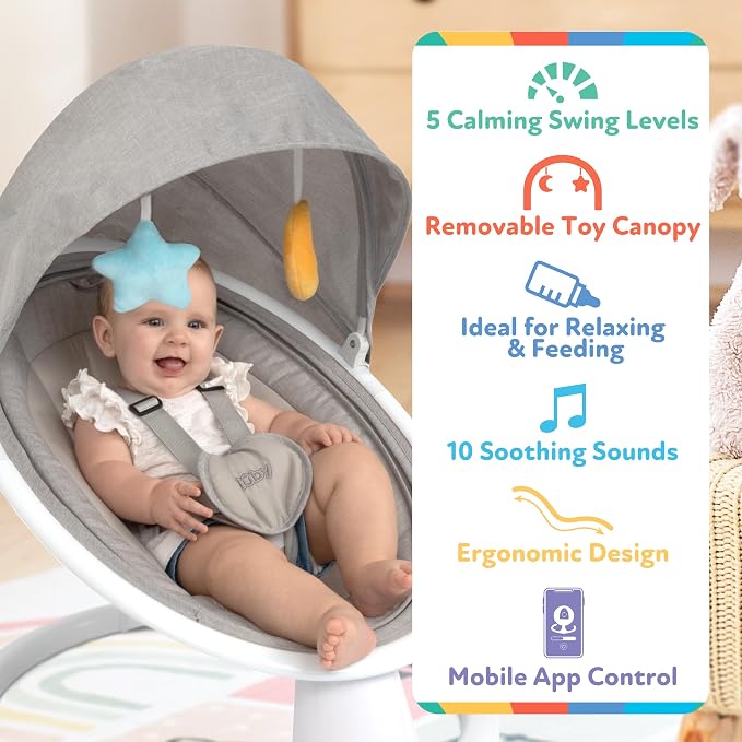 Nuby Baby Swing with Canopy and Remote - 5-Level Infant Swing with Soothing Sounds and Mobile App Control - 0-9 Months - Tan