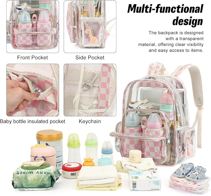 Clear Baby Diaper Bag Backpack for Mom, Large Capacity Travel Nappy Bag for Boys & Girls with Stroller Straps (Corduroy Checkered Pink)