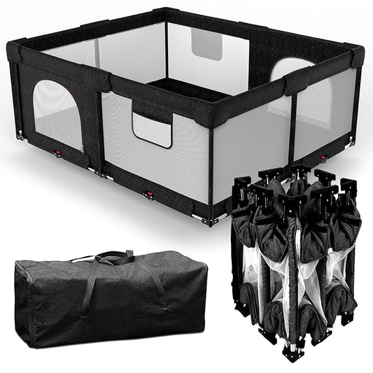 Veraste Foldable Baby Playpen with Gate, Extra Large Collapsible Play Yard for Babies & Toddlers, Portable Travel Playpen, Baby Activity Center for Indoor & Outdoor Use (Black 51"×51")