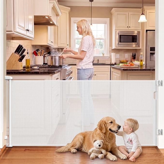Reinforced Retractable Baby Gates 70” Wide Retractable Gate | with Support Rods to Prevent Bottom Escape, 33” Tall Mesh Dog Gate for Stairs, Doorways, Hallways, Decks, Indoor/Outdoor