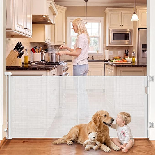 Reinforced Retractable Baby Gates 70” Wide Retractable Gate | with Support Rods to Prevent Bottom Escape, 33” Tall Mesh Dog Gate for Stairs, Doorways, Hallways, Decks, Indoor/Outdoor
