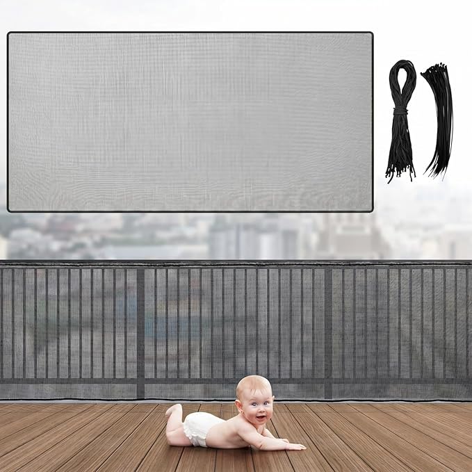 Hosuly Banister Guard 20 x 10 ft Balcony Netting for Kids Pets Stairway Safety Net Baby Fence Door Balcony Netting Safety Mesh Stair Net with No Drilling for Apartment Railing(Black)