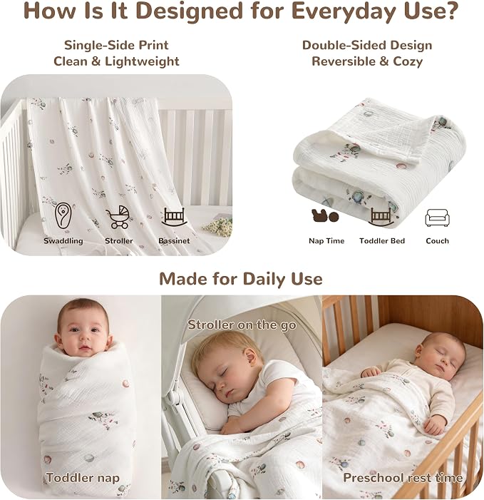NTBAY Muslin Toddler Blanket, 4-Layer, 30x40 Soft and Breathable Receiving Blanket for Newborns and Infants, Crib Stroller Travel Use, Astronaut's Journey