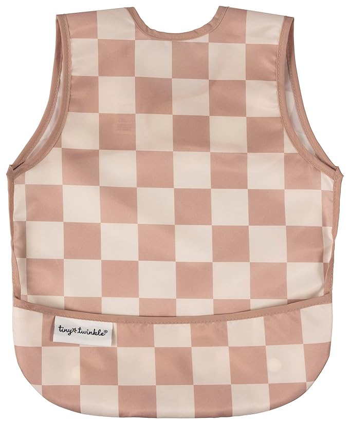 Tiny Twinkle Mess Proof Baby Bib for Boys | Waterproof Toddler Bib for Eating | Baby Apron for Feeding, Machine Washable | Perfect Shower Gift (Brown Checkers, 6??4M)