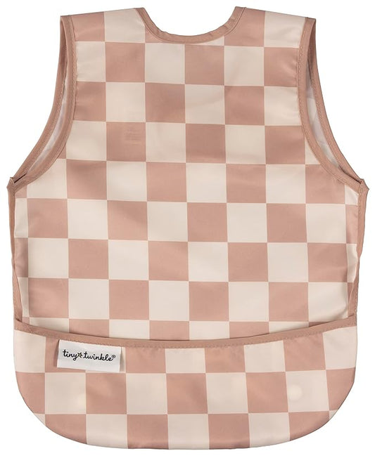 Tiny Twinkle Mess Proof Baby Bib for Boys | Waterproof Toddler Bib for Eating | Baby Apron for Feeding, Machine Washable | Perfect Shower Gift (Brown Checkers, 6??4M)