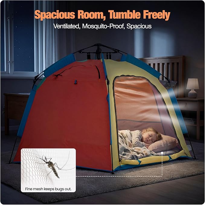 Portable Hexagon Kids Play Tent with LED Strip Lights Indoor Children Play House Easy Set-up Space Dream Tent for Night 4-5 Person Large Tents & Birthday Gifts
