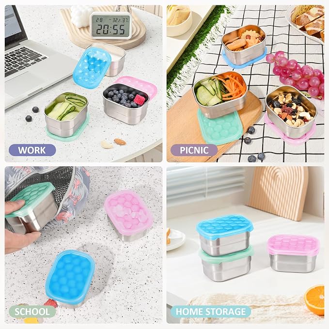 Tanjiae Snack Pro - Small (1 CUP) Stainless Steel Snack Containers for Kids | Easy Open Leak Proof Food Containers with Silicone Lids - Perfect Metal Toddler Lunch Box for Daycare and School (8oz)