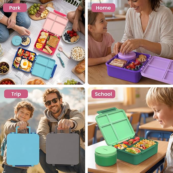 LOHASOK Bento Lunch Box Kids with 8oz Soup Thermo, Leak-Proof Lunch Containers with 4 Compartment, Thermo Hot Food Jar and Insulated Lunch Box for School Pink