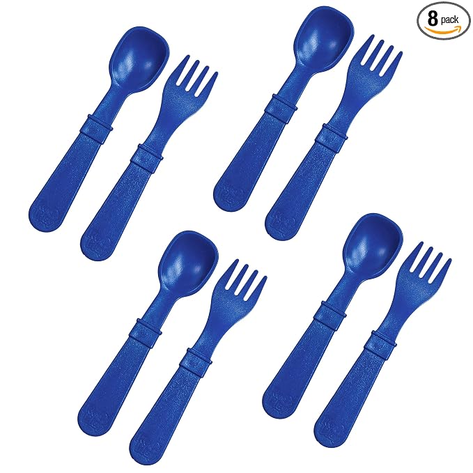 Re-Play Toddler Forks and Spoons Set - 4x4 Utensils Set for Kids - Dishwasher and Microwave Safe - Made in USA - Set of 8-5.8" x 1.2" x 0.2" - Navy Blue