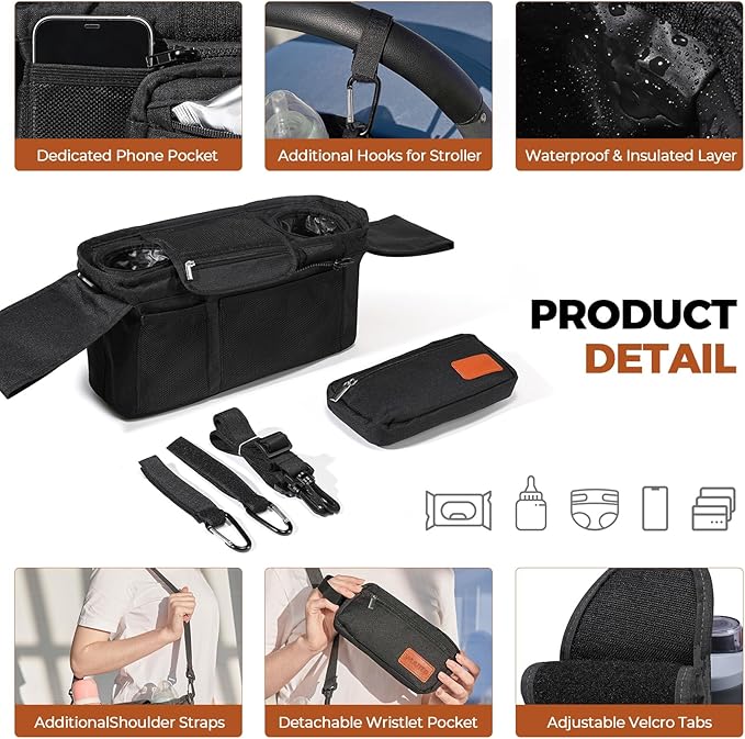 Universal Stroller Organizer with Insulated Cup Holder and Removable Wrist Strap Large Capacity Stroller Organizer for Mom, Baby Joggers, Uppaby, Britax, BOB, Umbrella and Pet Stroller (Black)