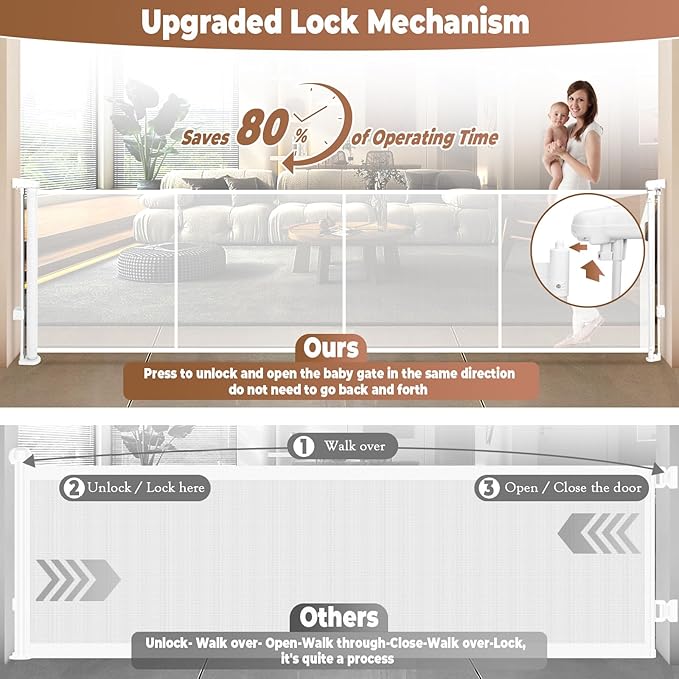 236" Retractable Baby Gate Extra Wide, 41" Tall Retractable Dog Gate for Stairs, Doorways, Decks, Mesh Gate Long Child Gate Pet Gate for Indoor, Outdoor, with Reinforced Mesh Rods, Dual Locks