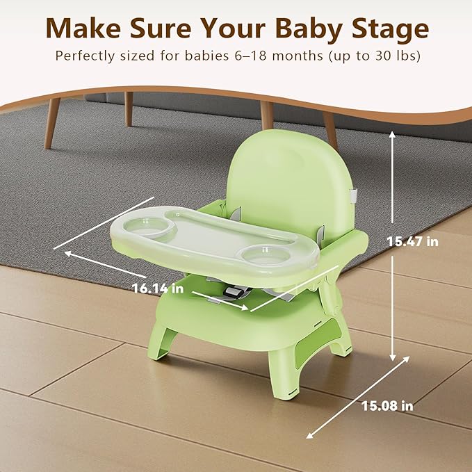 Booster Seat for Kitchen Chair, 3-in-1 Foldable & Portable Booster Seat with Tray, Extra Dishwasher-Safe Tray, Safety Straps for 6??8M (Up to 30 lbs), for Dining Table & Travel, Green