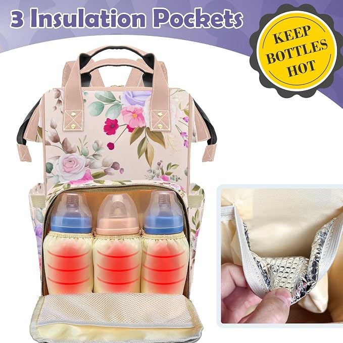 Custom Diaper Backpack, Upgraded Large Capacity Baby Changing Bag, Personalized with Name, Multifuction Mommy Backpack with Insulated Pockets for Boys Girls, Floral