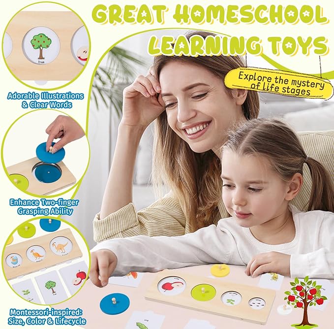 Montessori Wooden Circle Puzzle with Knob,Montessori Toys for 12-18 Months-Mirror Peekaboo Peg Board with 32 Cards for 8 Life Cycles,First Baby Puzzle for Toddlers 1-3,Wooden Preschool Learning Toys