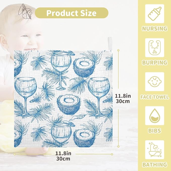 vvfelixl Baby Muslin Washcloths Wine Beach Party Baby Burp Cloths Cotton Babys Face Towel for Newborn Infants Boys Girls Soft and Absorbent 11.8 X 11.8 in, 3 Pack