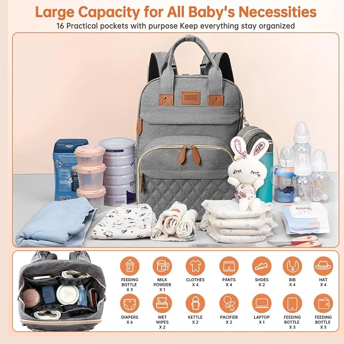 Diaper Bag Backpack – Large Waterproof Baby Bag with USB Charging Port, Changing Pad & Stroller Straps – Stylish, Durable & Hands-Free Travel Organizer for Moms & Dads (Grey)