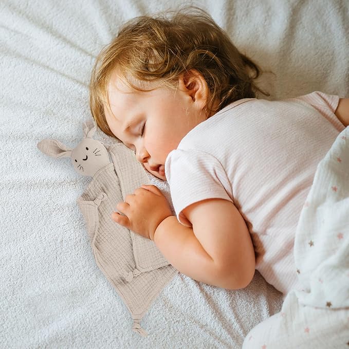 Organic Cotton Muslin Bunny Lovey Blanket, Soft & Breathable Security Blanket for Newborns, Unique Baby Gifts for Boys and Girls, 2 Pcs Set (Khaki&Green)