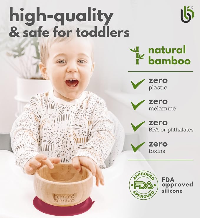 Suction Bowl for Baby, Bamboo Baby Bowl and Spoon Set with Removable Food-Grade Silicone Suction Cup for Kids – Safe, Sturdy, Non-Toxic Toddler Suction Bowl for Baby-Led Self-Weaning (Cherry Bundle)