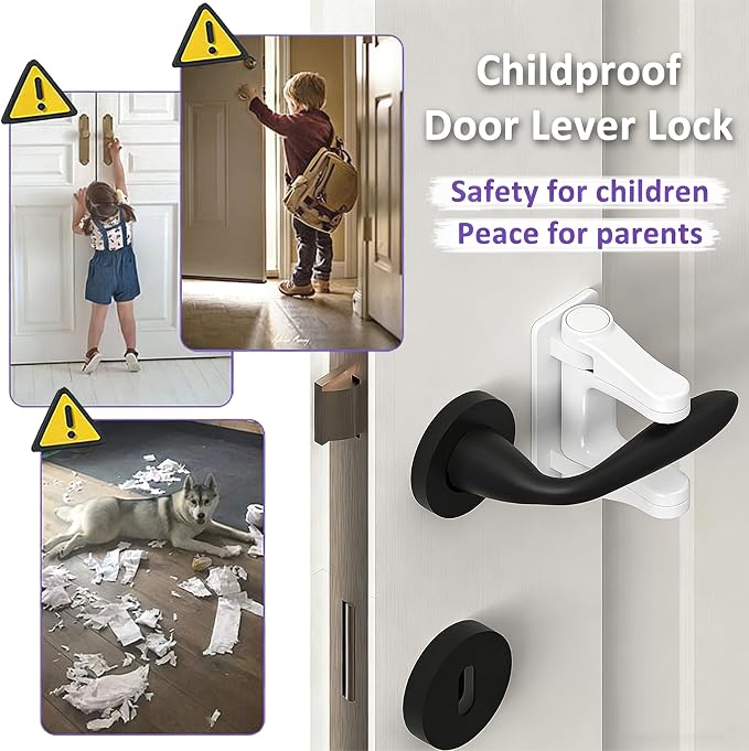 Door Handle Baby Proof, 2 Pack Door Locks for Kids Safety No Drilling, Strong 3M Adhesive Door Lever Lock Child Proof Cabinet Simple Install and No Tools Needed, White